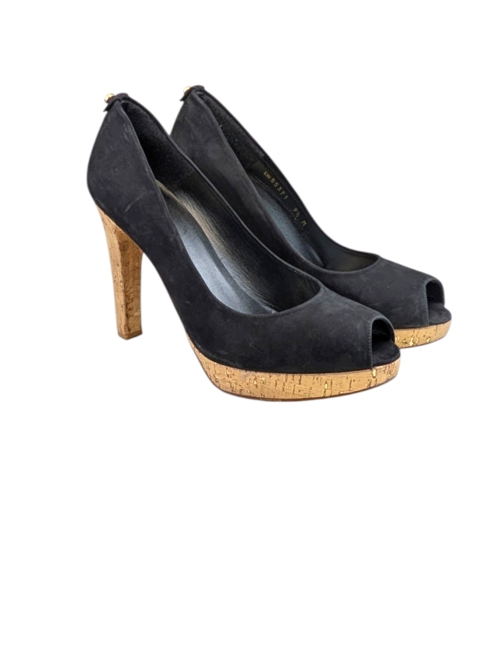 Stuart Weitzman Suede Black Peep Toe Cork Platform Heels Size 9.5 M S4036 - Picture 4 of 12